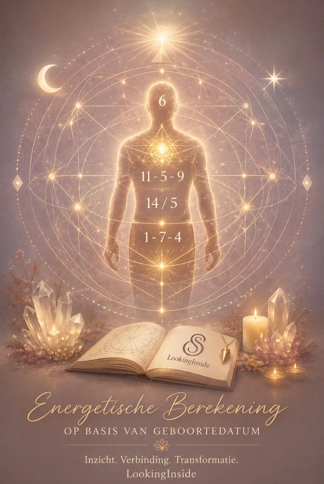 Energetische berekening op basis van geboortedatum, met een lichtfiguur, getallen, kristallen en een open boek